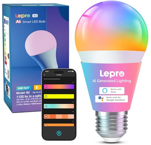 Lepro AI Smart Glühbirne B2, E27 Glühbirne 10W 1100lm Dimmbar, Personalisierter KI-Lichtdesigner, Sprachsteuerung/Musik Sync, WiFi & Bluetooth Smart Bulb, Kompatibel mit Alexa/Google Assistant