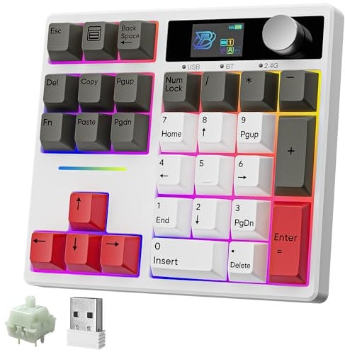 BOYI TD31Pro Mechanical Number Pad,Bluetooth5.0/2.4G/Type-C Wireless Numeric Keypad,RGB HotSwap Numpad with Screen&Knob,PBT Keycap Rechargeable Gasket Number Keypad for PC Laptop Desktop (White-Grey)