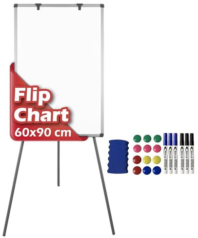 Suusolny Flipchart mit Dreibein-Ständer Whiteboard fahrbar mit Rollen Ständer Höhenverstellbar Flip Chart inkl. Radierer & Markern & Magneten Beschreibbare Magnettafel Präsentationstafel