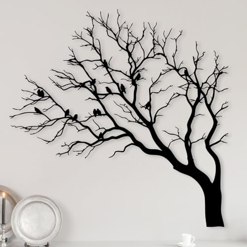 Dekory Décoration murale oiseaux sur branche en métal noir – Silhouette arbre nature, style industriel minimaliste – Panneau décoratif salon, chambre, entrée - 105x105 CM