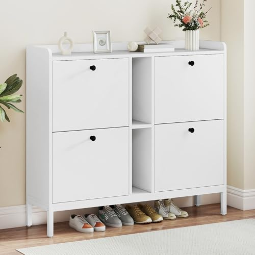 TAUS Shoe Cabinet with 4 Flip Drawers, Shoe Storage Cabinet with Adjustable Shelves & Open Shelves for 16 Pairs of Shoes, Hallway Storage Unit with 108CM Roomy Countertop White, 108×27.5×95.5cm