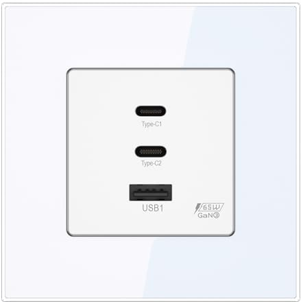 PULSAR Steckdose Unterputz GaN PD 65W Schnellladen 2x USB-С 1 x USB-A Wandsteckdose Glas Weiß 1 Fach 86x86mm Kompatibel mit iPhone, Samsung, Laptop