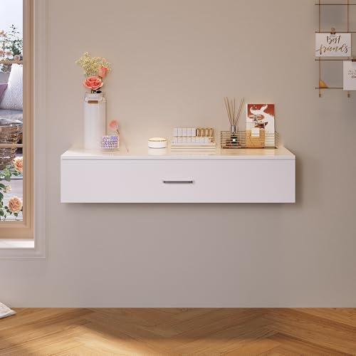 SONNI Schminktisch Hängend mit Schublade Unterteilungen 100x36.5x20cm Weiß | Frisierkommode, Nachttisch, Frisiertisch, Kosmetiktisch, Computertisch, Bürotisch, Moderner Tisch für Schlafzimmer, Wohnung