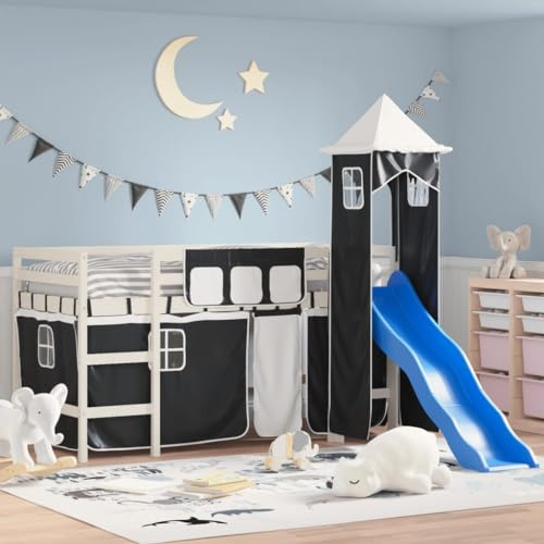 QJBSAVVA Kinder Hochbett Kiefernholz Weiß Schwarz 205,5x87,5x113,5 cm mit Rutsche Turm und Vorhängen Stauraum für Jugendzimmer und kleine Räume ab 6 Jahren
