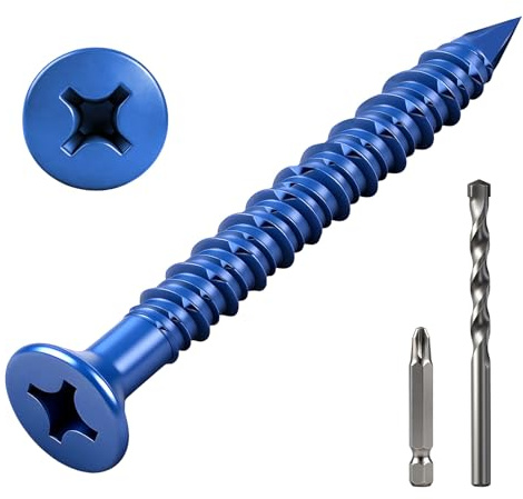 ddckj 92Pcs Concrete Screws M5.5 x 45mm Masonry Screws for Brick Wall | Blue Flat Head Brick Screws Self Drilling Conical Diamond Tip Cement Block Wood Installation with Screwdriver Drill Bit