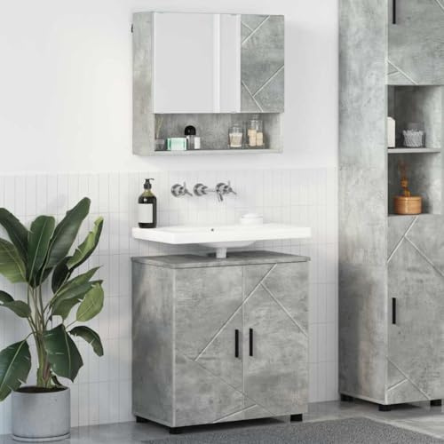 XHNIFBN Badmöbel Set Beton Grau 61x35x64 cm Holzwerkstoff Metall mit Spiegelschrank Moderner Waschtisch Komplett für kleines Badezimmer Gäste WC