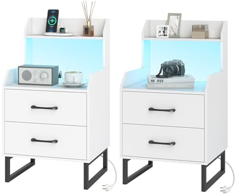 COSTWAY Nachttisch mit LED & Ladestation, 2er Set Beistelltisch mit 2 Schubladen & offenem Fach, Nachtschrank für Schlafzimmer, Flur & Wohnzimmer, 45 x 40 x 80 cm