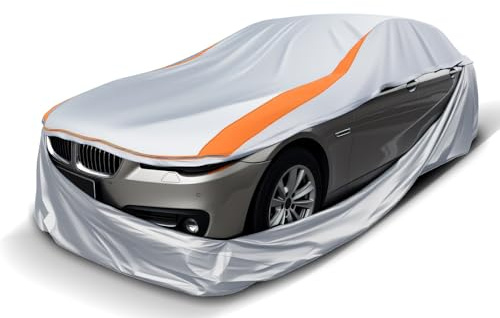 FJWDSC Vollständig Geschlossene Auto Abdeckplane für Limousinen 445-485cm | 420D Oxford Alle Jahreszeiten Autoabdeckung Outdoor Indoor, 360° Wasserdicht Staubdicht Winddicht Schneedicht UV-Schutz