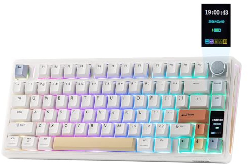 EPOMAKER TH80 V2 PRO Wireless Mechanical Keyboard, Screen & Knob, 10000mAh & 2.4G/BT, Hot-Swap, PBT Keycap, Mac Modifier, RGB, Creamy Gasket, Custom Gaming Keyboard for Mac/PC (White, Creamy Jade)