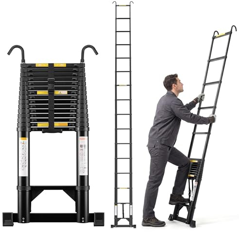 TEENO Scala telescopica in alluminio 6,2 m, Scala Estensibile pieghevole con Barra stabilizzatrice e gancio rimovibile, Base inferiore con rinforzo triangolare, Portata max 150 kg, Nero