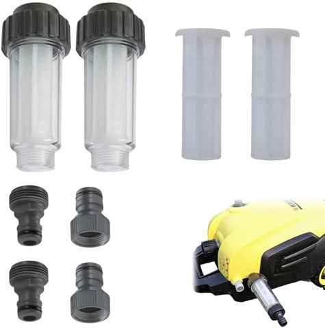 MAXMURYS Conjunto de Filtros de Agua para Hidrolimpiadora, Filtro 3/4 para Manguera de Jardín, Kit con 2 Filtros, 4 Cartuchos de Repuesto y Conectores, Compatible con Kärcher K2–K7