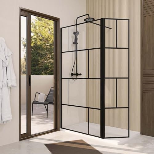 Paroi de Douche avec Volet Pivotant 120+40x195cm - Verre 8mm Anticalcaire - Motifs et Profilés Noir