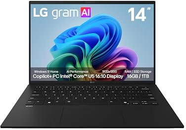 LG gram AI 14Z90U Notebook, Display 14 WUXGA (1920x1200), Intel Core Ultra 5, 16GB RAM, 1TB SSD, Ultraleggero solo 1.120g, Batteria 72Wh, Windows 11 Home, Copilot, Nero