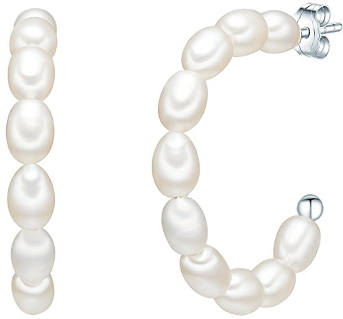 Valero Pearls Damen Perlencreolen aus 925/- Sterling Silber mit Süßwasser-Zuchtperlen Reisförmig 5-6 mm weiß Creolen Perlenohrschmuck Stecker