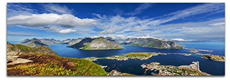 Paul Sinus Art Panoramabild auf Leinwand und Keilrahmen 150x50cm Norwegen Lofoten Berge Wasser Wolkenschleier