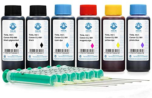 6X 100 ML Pure Ink Recharge d'encre Compatible pour Canon PGI-580, CLI-581 Cartouches d'imprimante pour Canon Pixma TS (Pas d'OEM)