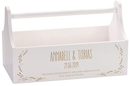 LAUBLUST Geschenkkorb zur Hochzeit Floral Motiv - Personalisiert mit Gravur - ca. 34x18x20cm, Weiß, Holz, FSC®