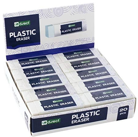 D.RECT Radiergummi, Radierer, HI-POLYMER Plastic Eraser | Groß x 20 Stück | Weiß 56 x 23 x 12 mm