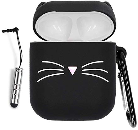 Ash-case Hülle Silikon Kompatibel mit AirPods 2 & 1 (2019), [Unterstützt kabelloses Laden] [Stoßfeste Schutzhülle] [Perfekt Passt Hülle] [Karabiner] Cute 3D Cartoon-Katze Design Schwarz Weiß