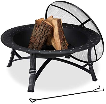 Relaxdays Feuerschale mit Funkenschutz, Garten & Terrasse, mit Schürhaken, Outdoor Feuerstelle, HxD: 52 x 90 cm, schwarz