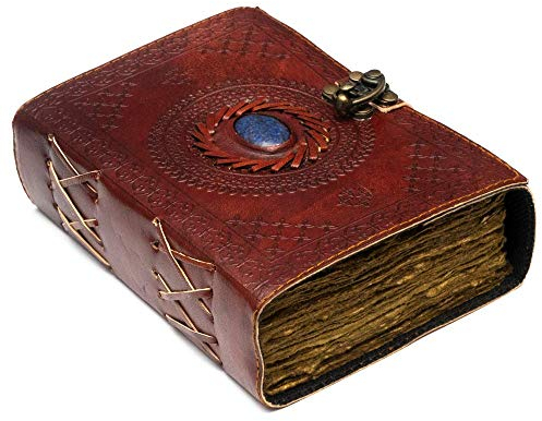 Vintage Leder-Tagebuch mit Halbedelstein – Schlossverschluss, 240 Seiten, antikes Büttenrand-Papier – Buch der Schatten, Grimoire-Tagebuch, Hexen-Tagebuch für Männer und Frauen – 22,9 x 15,2 cm