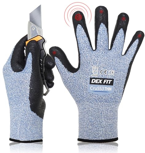DEX FIT 15 Gauge Level 4 Dünne Schnittschutzhandschuhe Cru553; Griff, 3D-Komfort-Passform, Leicht und Langlebig, Touchscreen-Kompatibel für Präzise Arbeiten, Waschbar; Blau XS (6) 1 Paar