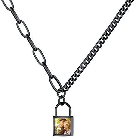 Personalised Picture Lock Shape Pendant Necklace Boys Customised Padlock Photo Charm Necklace Gifts for Birthday Xmas