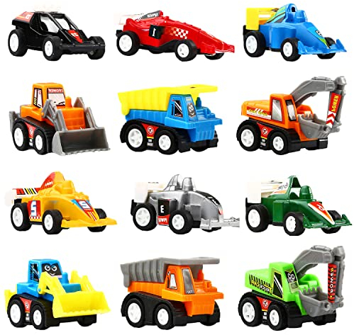 SWUNXION Mini Auto Spielzeug für Kinder, Kleinkinder, Jungen | Ultimatives 12er Set Spielzeugautos|6 Baufahrzeuge und 6 Rennautos | Zum Aufziehen und Fahren Lassen | Ab 3 Jahren