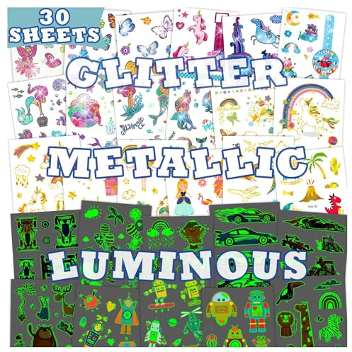 Leesgel 30 Blätter Tattoo Kinder, Gemischte Kindertattoos - Metallic Glitzer + Leuchtende + Glitzer Tattoos Aufkleber Kinder Temporäre Tattoos für Kinder, Mitgebsel Kindergeburtstag Gastgeschenke