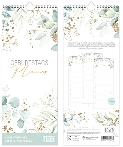 Häfft® Geburtstagsplaner Wandkalender immerwährend Blattgold 12 x 30 cm, Geburtstagskalender undatiert, Wandplaner jahresunabhängig - nachhaltig & klimafreundlich