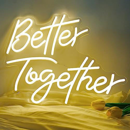 BringLuck2U Better Together Letrero de neón, luz de neón LED blanco cálido, decoración de pared para el hogar, decoración de fiesta con USB, Letrero luminoso para decoración de bodas