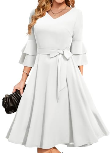 DRESSTELLS Damen Knielang Kleider Beerdigung Formal Bescheiden Kleider für Frauen 3/4 Ärmel Plus Größe White Cocktailkleid Business Kleider White S