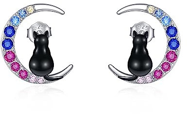 YFN Schwarze Katze Ohrringe Sterling Silber Niedliches Tier Schwarze Katze Mond Ohrstecker Schwarzer Katzen Schmuck Geschenke für Damen Mädchen