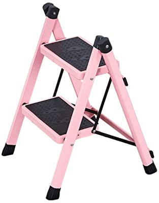 UYSELA Klappleiter, 3 Stufen, Kohlenstoffstahl, Haushaltsleiter Mit 2 Tritthockern, Leiter Mit Anti-Rutsch-Pedal Für Erwachsene, Robuste, Leichte Leiter Aus Metall/Pink/2 Step