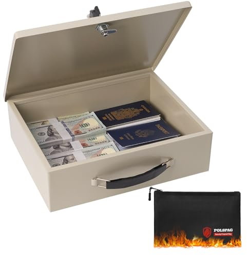 Polspag Fireproof Document Box with Key Lock & Fireproof Money Bag,Safe Storage Boxfor Valuables,Key Lock Security with Carrying Handle,Fireproof Box for Documents,Passport Extra Large (White, Large)