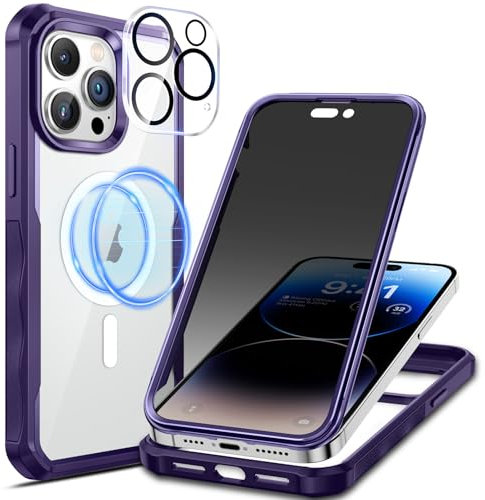 seacosmo Magnetic for iPhone 14 Pro Case 6.1 Inch, Privacy Phone Case Compatible with Magsafe Built-in 9H Tempered Glass Privacy Screen Protector + Camera Protective Full Body Shockproof Case, Purple