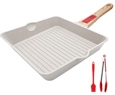 AIKENBBKK Grillpfanne 24x 24 cm mit Abnehmbarer Griff, Aluminium Steakpfanne Antihaft Beschichtung Pfanne, Spülmaschinen geeignet & Backofenfest (Weiß)