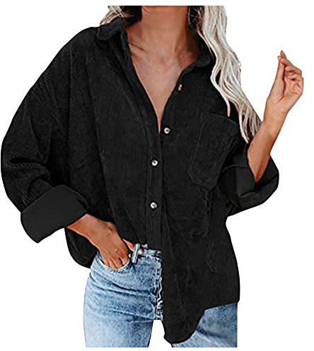 Chemise chemisier en velours côtelé pour femme - Chemise en velours côtelé - Col en V - Chemise en velours côtelé - Manches longues - Veste en velours côtelé - Col en V - Manches longues
