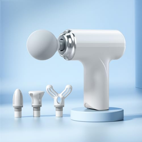 Massagepistole, Tragbare Muskel Massagepistole mit 6 Geschwindigkeiten, Perkussions Massagegerät mit 4 Köpfen, Mini-Massagepistole für Körper Rücken Nacken Schulter (Weiß)