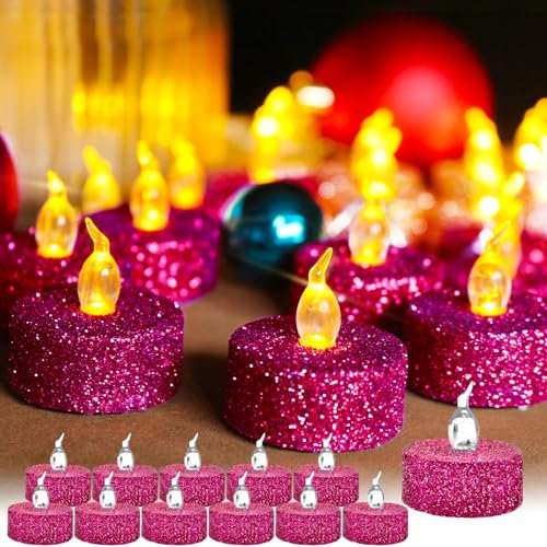 TINYOUTH 12 lumini a LED tremolanti, decorazione da tavolo a LED, candele elettriche, batterie incluse per matrimoni, anniversari, fidanzamenti, decorazioni rosa e rosso glitterato