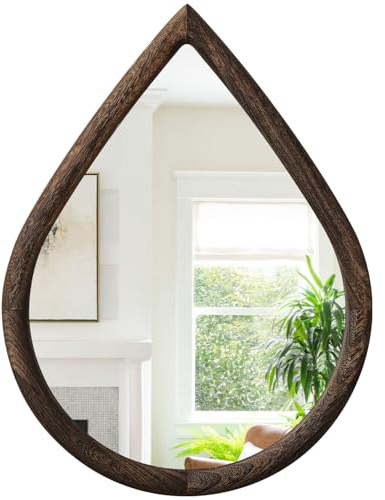 FEUFOAM Irregular Wall Mirror with Wood Frame Rustic Wall Mirror Decorative Farmhouse Bedroom Bathroom Droplet Hanging Mirror Brown 30 x 40 cm