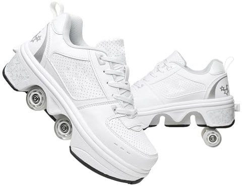 GeRRiT Schuhe Mit Rollen Versenkbarer Technischer Skateboardschuhe Sport Schuhe Kinder Rollschuhe Outdoor Turnschuhe Jungen und Mädchen 4 Rollschuhe,White-32EU