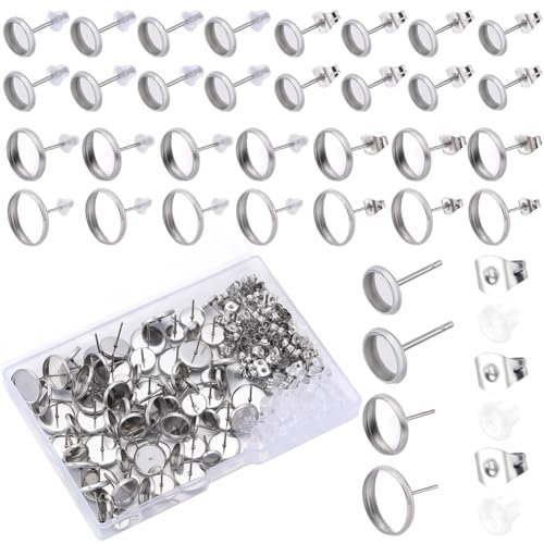 SOFPLATE 1 Box Mit 80 Cabochon Ohrstecker Rohlinge Ohrstecker Lünetten Rohlinge Hypoallergener Edelstahl Runder Flacher Ohrstecker Mit Ohrmutter Silberne Ohrstecker Für Die Schmuckherstellung Zubehör