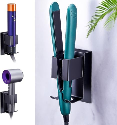 WAYASI Glätteisen Halterung Ohne Bohren, Föhnhalter Wand, Schwarz Föhn und Glätteisen Halterung Aufbewahrung, Fönhalterung Wandhalterung, Lockenstab Halterung für Fön, Selbstklebend Haartrocknerhalter
