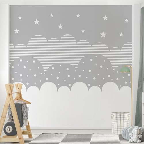 Bilderwelten Fototapete Kinderzimmer 288 x 288 cm Kinder Kindertapete Baby Muster Sterne Grau Vliestapete Tapete XXL Wanddeko Ideen
