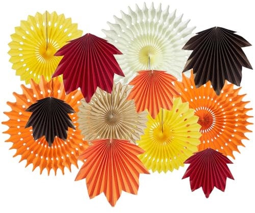 SUNBEAUTY 12 Pcs Orange Hanging Maple Paper Leaves Fans for Fall Party Decorations Hanging Leaf Fall Paper Fans for Autumn Thanksgiving Woodland Birthday Baby Shower Rustic Wedding Party Decorations