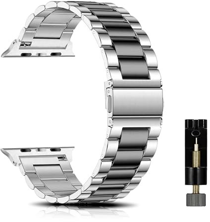 SeNool Metallo Cinturino per Apple Watch 49mm 46mm 45mm 44mm 42mm Series 11/10/9/8/7/6/5/4/3/2/1/Ultra 3/Ultra 2, Metallo Acciaio Inossidabile Cinturini per Apple iWatch SE 3/SE 2 - Argento Nero