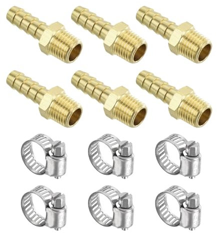 sourcing map Brass Hose Barb Fittings 6pcs 5/16 Barb x 1/4 NPT Male Brass Barb Pipe Fitting with Hose Clamps for Water Fuel Air