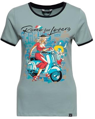 Queen Kerosin Damen T-Shirt Rundhals Kurzarm Slim Fit Kontrastfarben Figurbetont Italien Rom Rome Vintage Retro Ringer Contrast Print Artwork Rome for Lovers