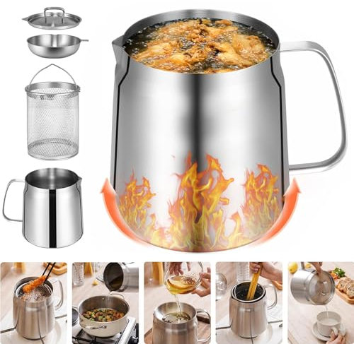 68oz 304 Stainless Steel Oil Strainer Pot with Filter Basket, Mesh and Lid, 2L Large Capacity Cooking Oil Filter for Storing, Frying, Cooking Grease